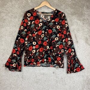 Closet Blouse Womens Medium Black Floral Long Sleeve Pullover V Neck- 1187*